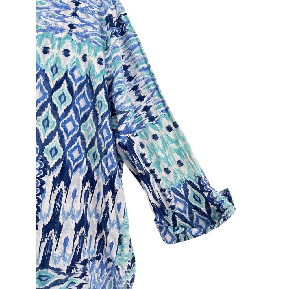 Allison Daley Plus 1X Blue Ikat Patchwork Cotton Button Front 3/4 Sleeve Blouse - Picture 9 of 11